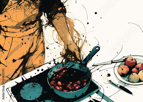 Cook preparing food in a pan, dramatic style, with copy space