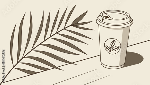 Coffee cup with palm leaf illustration coffee shop cafe beverage drink takeaway coffee art design concept