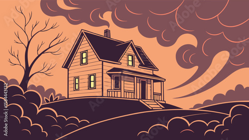 Illustration of haunted house on hill with spooky clouds and bare tree vector graphic design art
