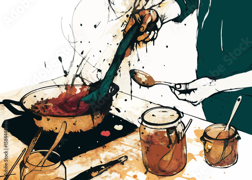 Making jam, a rustic kitchen scene, with copy space