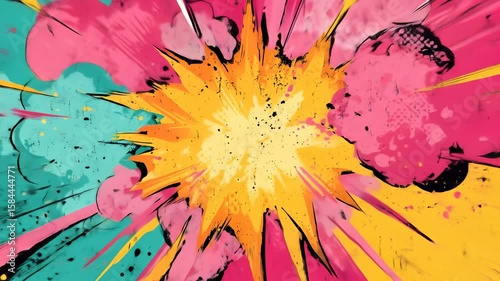 Colorful explosion abstract pop art vibrant yellow pink teal burst energetic comic style dynamic splatter expressive modern artwork playful mood creative background with bold lines and dramatic