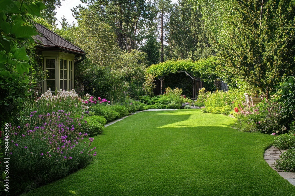 Naklejka premium English-style backyard with neatly trimmed grass, flowering borders, and evergreen trees