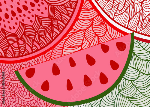 Watermelon slice illustration, pink and red tones, summer design, for menus