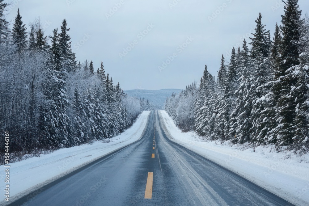 Fototapeta premium Endless highway flanked by snowy trees, POV winter drive, Quebec
