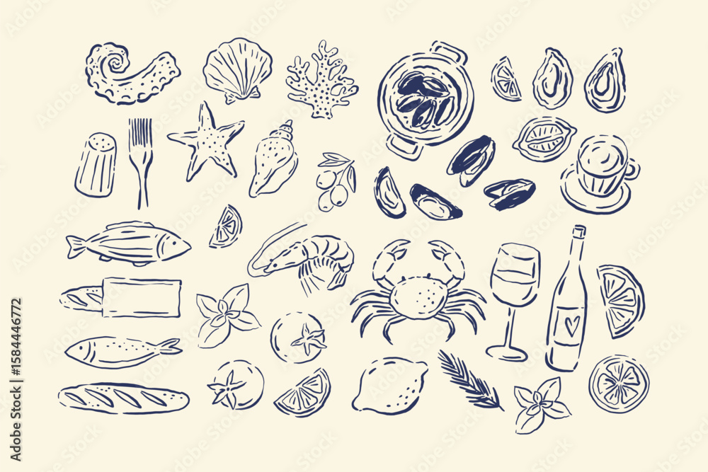 Fototapeta premium Hand drawn vintage illustrations in a doodle style. Vector Food illustrations in classic Italian aesthetics. Dolce Vita - Menu, posters designs.