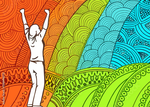 Person celebrating success against colorful patterned background, for presentations