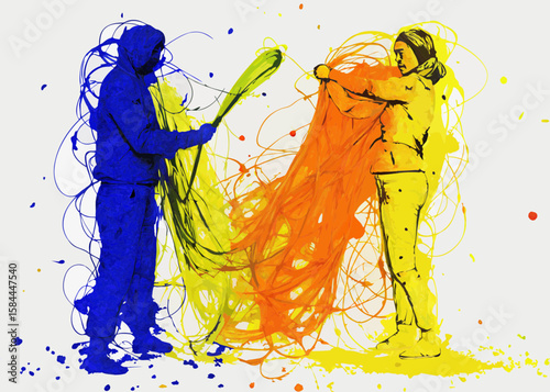 Two figures manipulating colorful fabric, creating a dynamic composition, for design projects