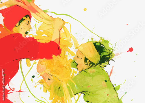 Two figures in conflict, vibrant colors, expressive art, for social media posts