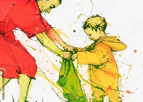 Father and son playing outdoors, colorful illustration, for parenting blogs