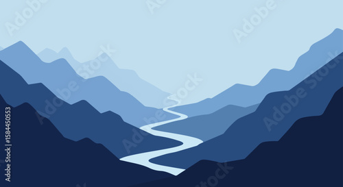 Tranquil and elegant vector flat illustration featuring a serene mountain range and a winding river, all rendered in a soothing palette of blue tones