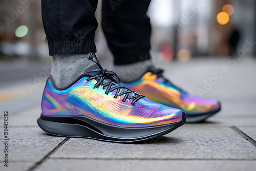 Vibrant Running Shoes Shine in Urban Setting During Early Evening Hours on a City Sidewalk