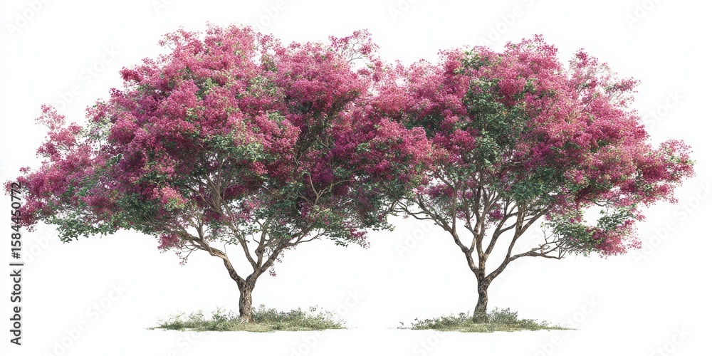 Fototapeta premium Two vibrant pink flowering trees against a white background