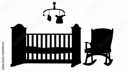 Silhouette of a baby crib with a mobile and a rocking chair in a nursery setting for a newborn child