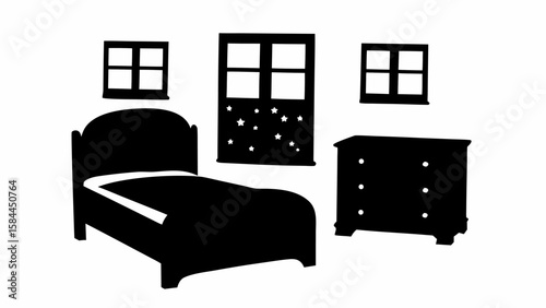 Silhouette of a bedroom with a bed dresser and two windows with one window having stars on it