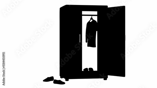 Silhouette of an open wardrobe with a hanging shirt and shoes both inside and scattered on the floor nearby