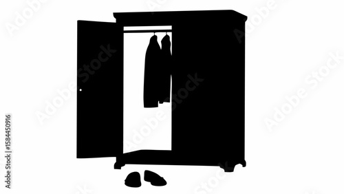 Silhouette of an open wardrobe with clothes hanging inside and shoes on the floor in front of it