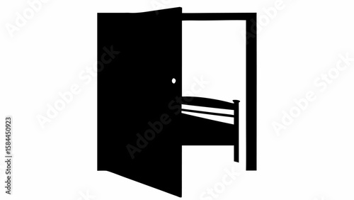 Silhouette of an open door revealing a bed inside a room in black and white simple illustration style