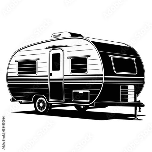 Classic Retro Travel Trailer Camper Black and White: Vintage Teardrop Caravan for Road Trips and Outdoor Adventures