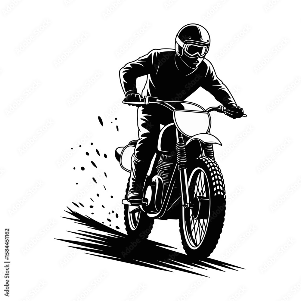 Obraz premium Motocross Rider in Action: High-Energy Black and White Illustration of Off-Road Motorcycle Racing and Dirt Bike Thrills
