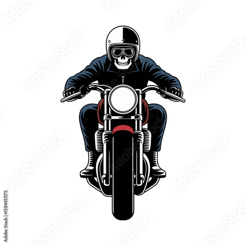 Fearless Biker Skull on a Motorcycle: Vintage-Style Illustration of a Skeleton Rider with Helmet and Leather Jacket, Ready for the Road
