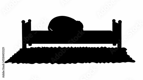Silhouette of a bed with a person sleeping under the covers on a rug in a bedroom interior space