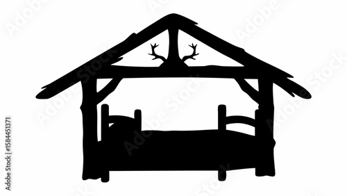 Silhouette of a rustic wooden bed frame with antlers above it under a primitive roof structure design