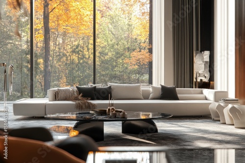 Elegant home lounge setup, digitally rendered, glass elements and designer layout