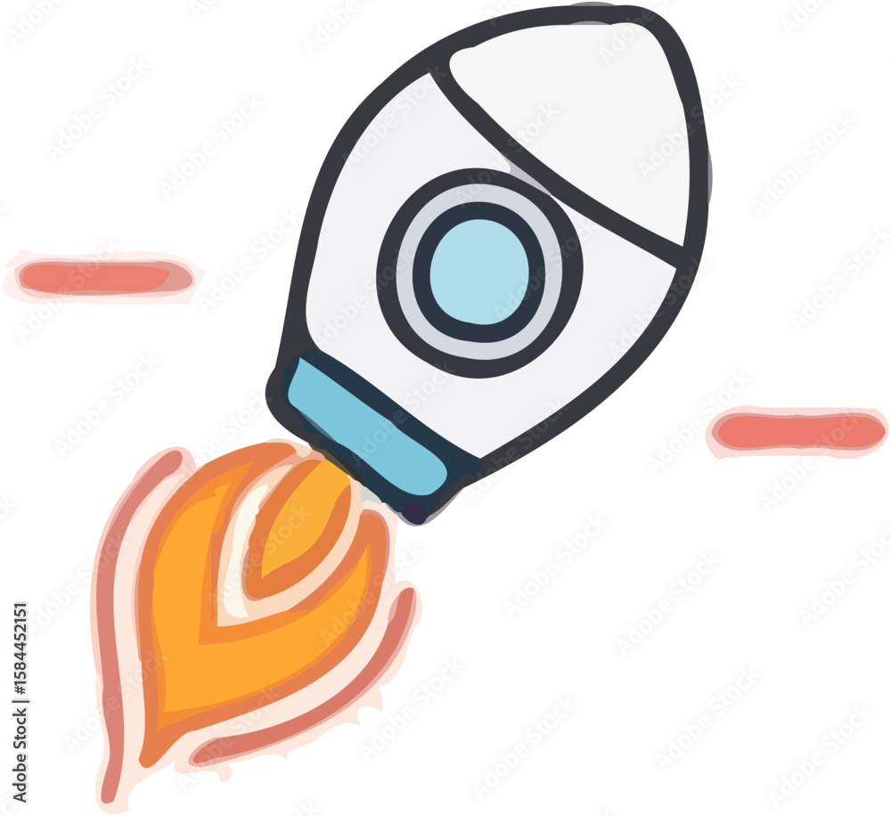 Fototapeta premium A cartoon rocket ship launching into space, with vibrant colors and simple lines.