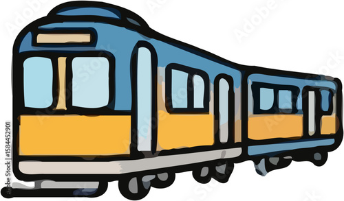 A stylized illustration of a blue and yellow passenger train, possibly a commuter rail car.
