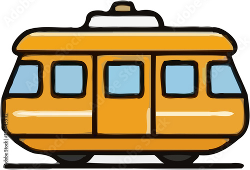 Cartoon illustration of a bright orange streetcar with light blue windows.