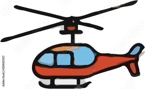 A simple illustration of a red and blue helicopter in flight.