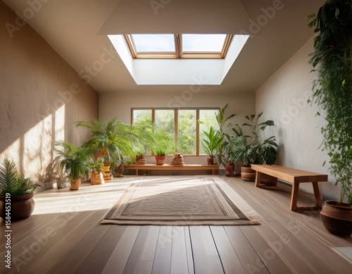 Prayer room with skylight, earth-tone rug, green plants, and textured plaster wall creating a peaceful vibe