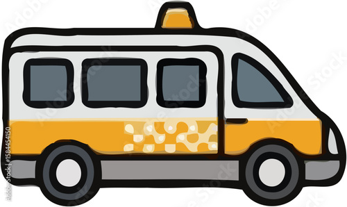 A cartoon illustration of a small, yellow and white passenger van with a flashing light.