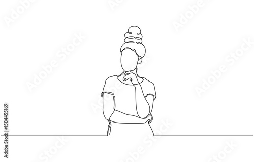 Continuous one line drawing of young lady thinking with put her finger in the chin, thoughtful young woman single line art Vector illustration.