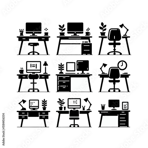 Minimalist Black Work Desk Icon Set on White Background – Office Workspace Vector Collection