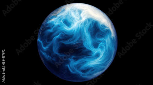 stylized digital globe in shades of blue with swirling patterns resembling ocean currents and atmospheric flows on a black background.
