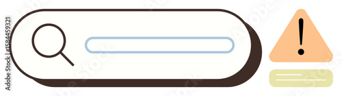 Search bar with magnifying glass icon and triangular alert symbol suggesting caution. Ideal for web navigation, error message, troubleshooting, security, online search, notification, simple flat
