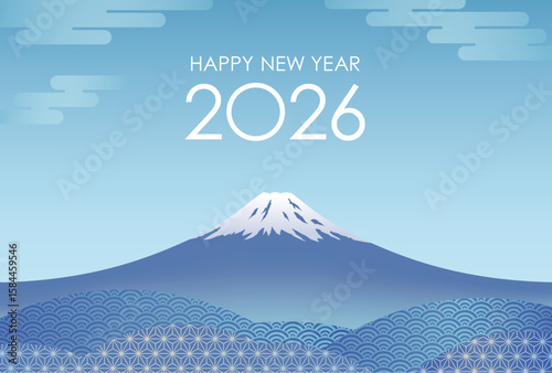 The Year 2026 Vector Greeting Card Template With Blue Sky And Mount Fuji Decorated With Vintage Japanese Patterns.