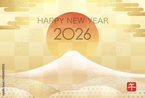 2026, The Year Of The Horse, Greeting Card Template With Snow-Covered Mt. Fuji Decorated With Japanese Vintage Patterns. Kanji Translation - The Horse.