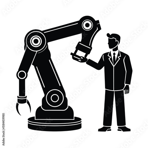 Collaborative Robot Arm Assisting Engineers With Precise Manufacturing Tasks vector silhouette on white background