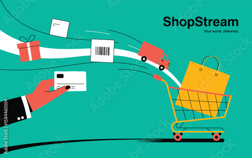 Conceptual illustration showing hand with credit card, full shopping cart, and retail icons with “Shop with confidence” text, symbolizing secure online purchasing