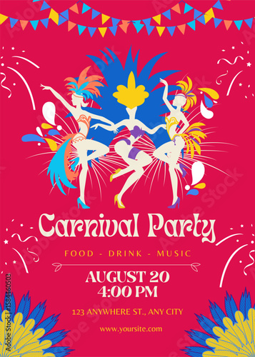 Artistic carnival poster design featuring dancer silhouette with confetti. Great for invitations or creative event announcements.
