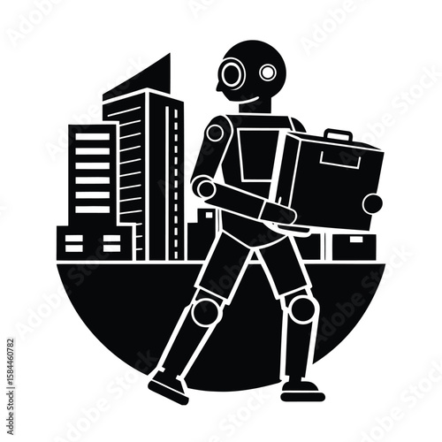 Flat Vector Of Autonomous Robot Delivering Packages To Smart Homes vector silhouette on white background