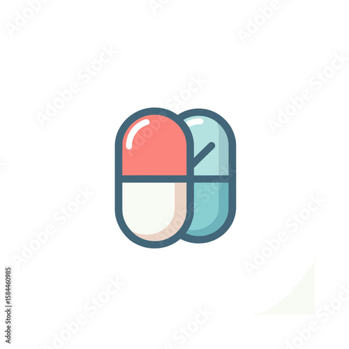 A stylized icon of two overlapping medical capsules, one red and white and one blue.