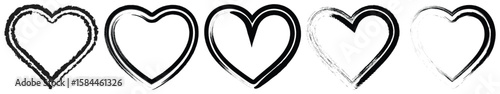 Five painted hearts in black red yellow and green brush strokes
