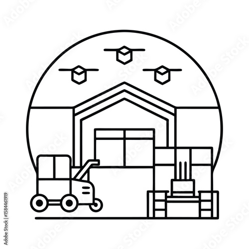 Vector Art Of Warehouse Automation Operated By Artificial Intelligence vector line art on white background