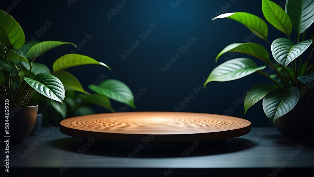 Obraz premium Wooden platform with green plants minimalist display