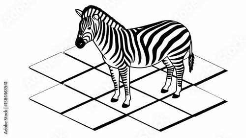 A zebra standing on a geometric grid pattern with black and white stripes in a simple design style created with generated ai