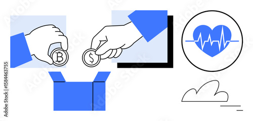 Hands dropping cryptocurrency and dollar coins into box, heart with heartbeat line symbolizing health and charity, simple background with cloud. Ideal for donation, health, charity, finance
