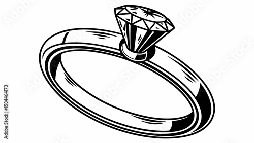 Illustration of a diamond ring with a faceted gem stone on a band with black and white design created with generated ai